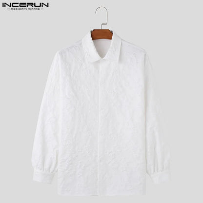 Stylish Casual Style Tops INCERUN New Mens Embossed Pleated Jacquard Design Shirts Handsome Male Loose Long Sleeved Blouse S-5XL