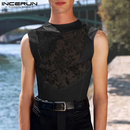 Sexy Stylish Style Tops INCERUN Men Perspective Flower Lace Patchwork Vests Casual Clubwear Thin Sleeveless Tank Tops S-5XL 2024