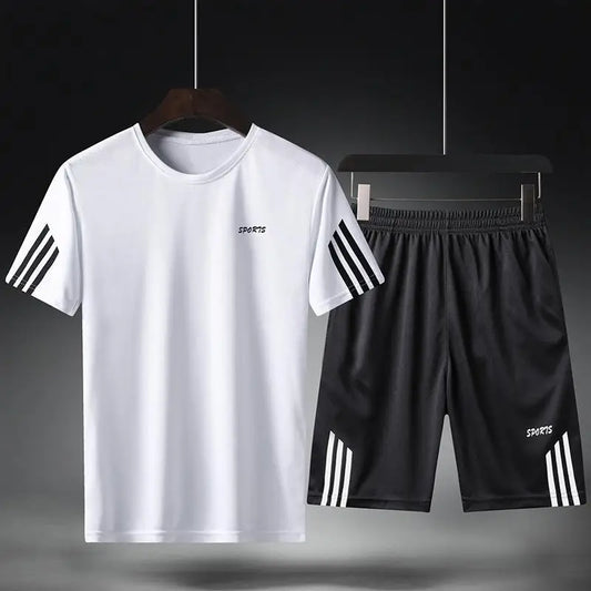 Atmungsaktiver Sommer-Sportanzug für Herren, kurzärmelige Shorts, lockeres, schnelltrocknendes T-Shirt, kurze Viertelhose, lässiger Laufanzug