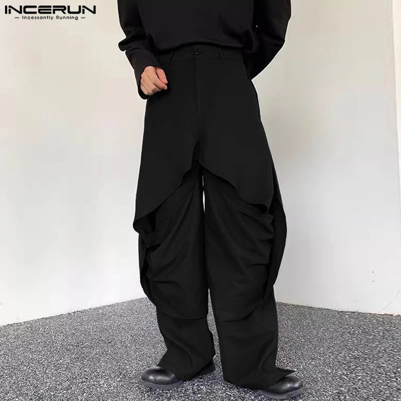 INCERUN 2024 Korean Style Pantalons New Men Double-layer Pleated Design Solid Long Pants Leisure Streetwear Loose Trousers S-5XL