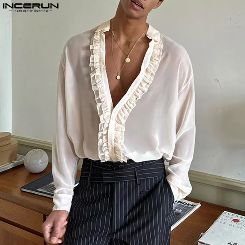 Handsome Well Fitting Tops INCERUN 2024 Men Flounce Edge Design Blouse Casual Simple Male Solid V-neck Long Sleeved Blouse S-5XL