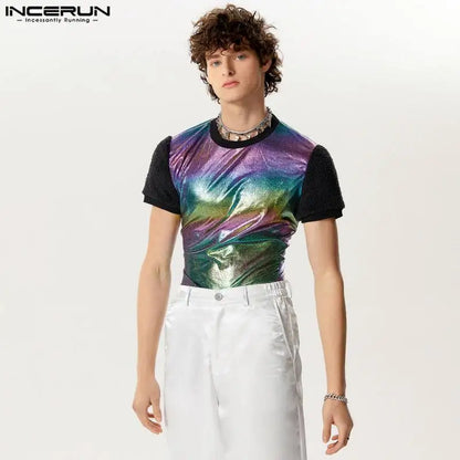 INCERUN Tops 2024 American Style Fashion Men's Flash Fabric T-shirts Casual Knitted Splicing Plush Short Sleeved Camiseta S-5XL