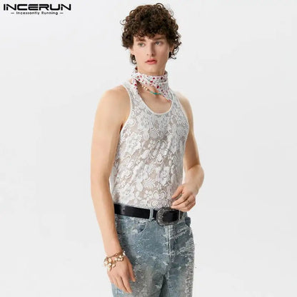 INCERUN Tops 2024 American Style Men's Hollow Lace Print Design Vests Casual Simple Male Comfortable Sleeveless Tank Tops S-5XL