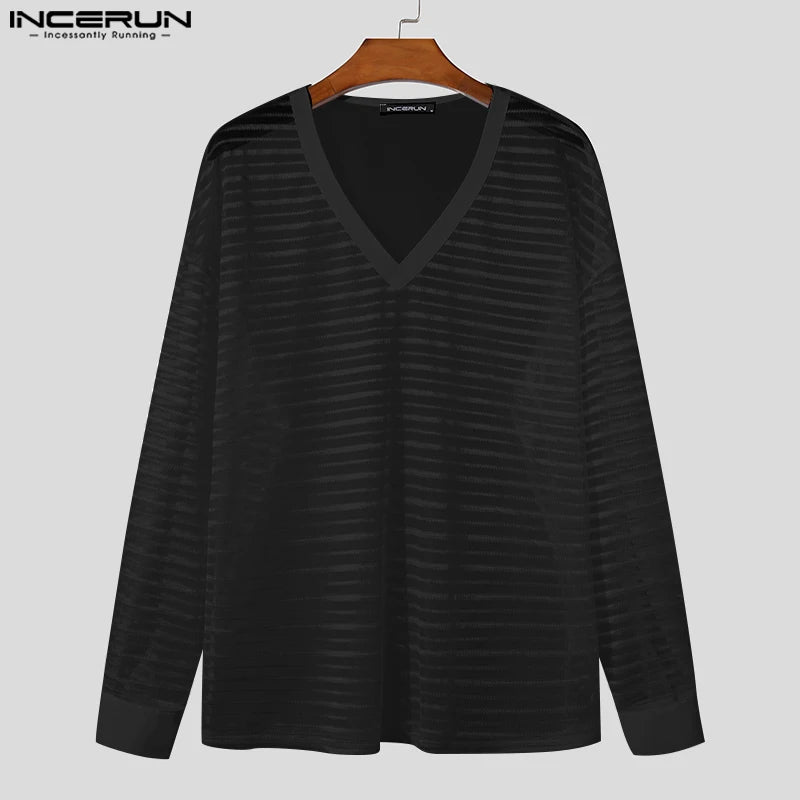 Fashion Casual Style Tops INCERUN Mens Large V-neck Stripe Perspective T-shirts Summer Clubwear Thin Long Sleeved Camiseta S-5XL