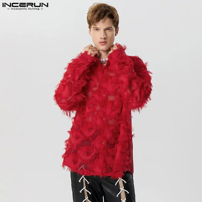 INCERUN Tops 2023 American Style Mens Stage Hot Selling Plume Tassel Design Shirts Casual Fashion Male Long Sleeved Blouse S-5XL