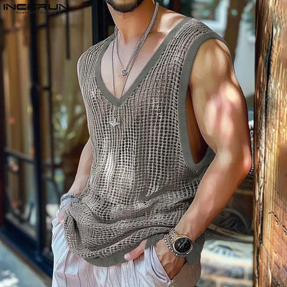 Fashion Casual Style Tops INCERUN Men's Hollow Knitted Design Vests Summer Male Hot Sale Comfortable V-neck Tank Tops S-5XL 2024