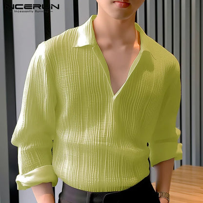 INCERUN Tops 2024 Korean Style New Mens Vertical Striped Texture Shirts Casual Simple Male Solid Color Long Sleeved Blouse S-5XL