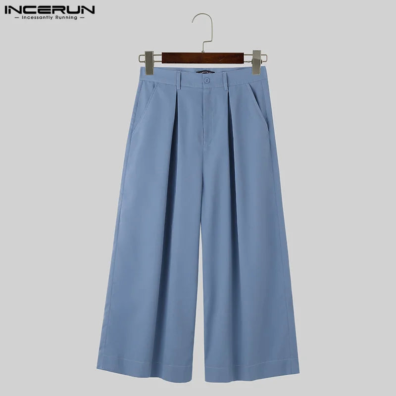 INCERUN 2024 Korean Style New Men Trousers Solid High Waisted Straight Leg Pantalons Casual Well Fitting Male Simple Pants S-5XL