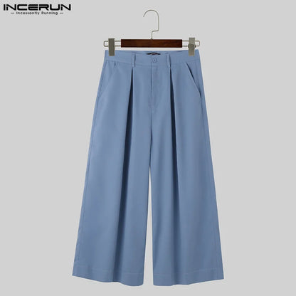 INCERUN 2024 Korean Style New Men Trousers Solid High Waisted Straight Leg Pantalons Casual Well Fitting Male Simple Pants S-5XL