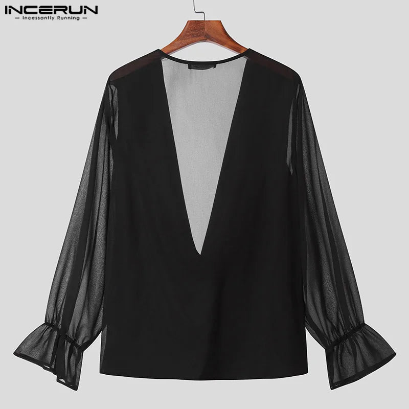 INCERUN Tops 2023 American Style Handsome Men's Swing Neck Design Loose T-shirts Casual Simple Solid Long Sleeved Camiseta S-5XL