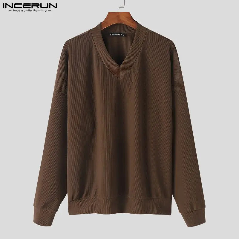 INCERUN Tops 2023 American Style New Men's Solid All-match V-neck Pullovers Casual Fashion Male Loose Long Sleeved Sweater S-5XL