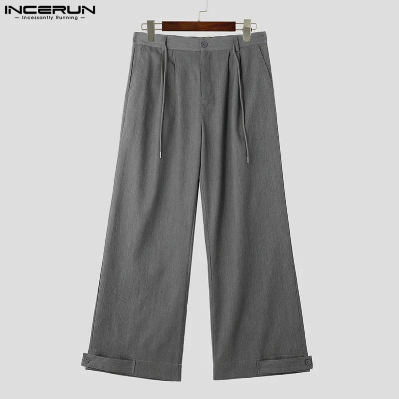 INCERUN 2024 Handsome New Men Trousers Simple Lace Up Drawstring Long Pant Leisure Streetwear Loose Straight Leg Pantalons S-5XL