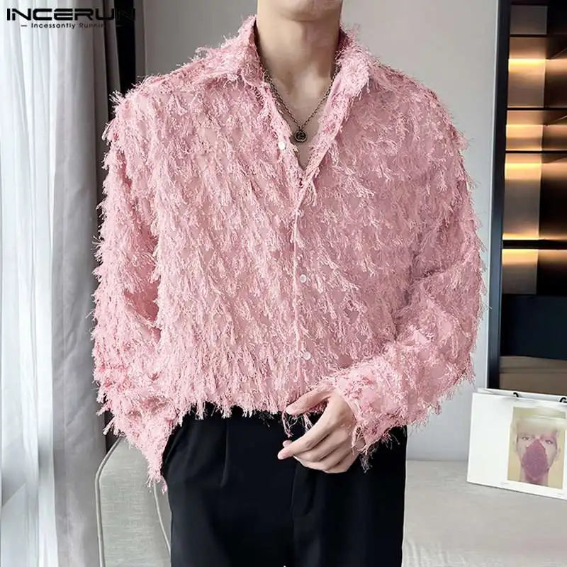 INCERUN Tops 2024 Korean Style New Mens Loose Tassel Perspective Design Shirts Casual Fashionable Male Long Sleeved Blouse S-5XL