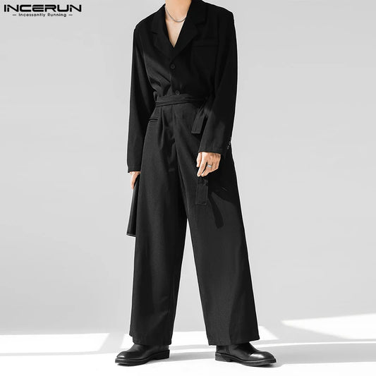 Mode Männer Overalls Einfarbig Revers Langarm Streetwear Koreanischen Stil Strampler Lose 2023 Casual Männer Overalls S-5XL INCERUN