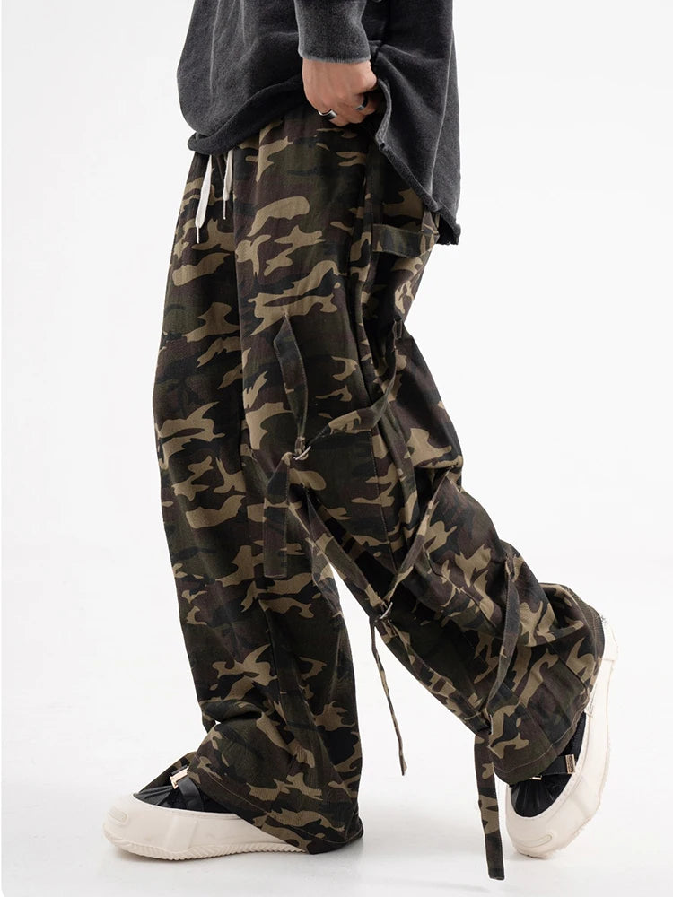 HOUZHOU Oversize Camo Cargo Pants Men Pockets Camouflage Wide Leg Trousers Male Clothing Vintage Streetwear Hip Hop Ribbons