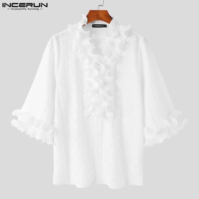 INCERUN Tops 2024 Hübsche Neue Männer der Rüschen Rand Patchwork Textur Shirts Männlichen Freizeit Streetwear Solide 3/4 Ärmel Bluse S-5XL