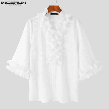 INCERUN Tops 2024 Hübsche Neue Männer der Rüschen Rand Patchwork Textur Shirts Männlichen Freizeit Streetwear Solide 3/4 Ärmel Bluse S-5XL