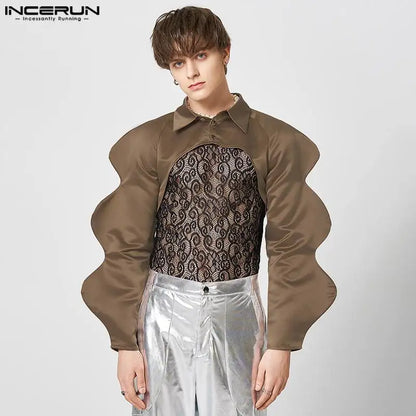 Men Irregular Shirt Lapel Long Sleeve Solid Color Button Fashion Sexy Male Crop Tops Loose Streetwear 2023 Camisas 5XL INCERUN 7