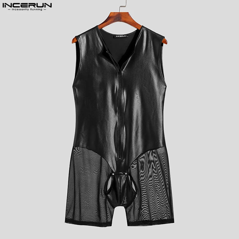 INCERUN Men Bodysuits Mesh Patchwork Sexy See Through Zipper Homewear Sleeveless Rompers Pajamas 2023 Men Bodysuits S-5XL 7