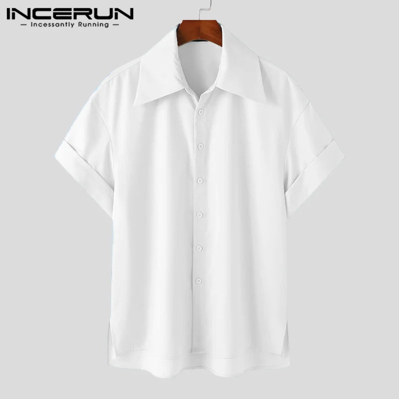 INCERUN Tops 2024 Koreanischen Stil Herren Solide Große Manschette Design Shirts Casual Einfache Sommer Solide Lose Kurzarm Bluse S-5XL