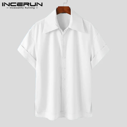 INCERUN Tops 2024 Korean Style Men's Solid Large Cuff Design Shirts Casual Simple Summer Solid Loose Short Sleeved Blouse S-5XL