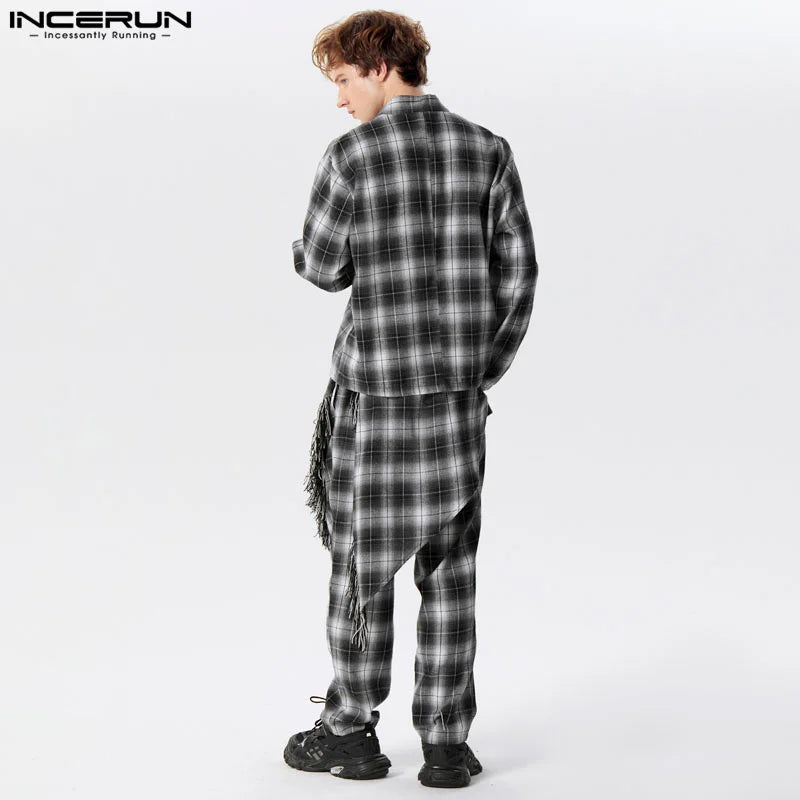 INCERUN 2024 American Style New Men Sets Plaid Cardigan Fake Two-piece Design Long Pants Casual Streetwear Two-piece Sets S-5XL