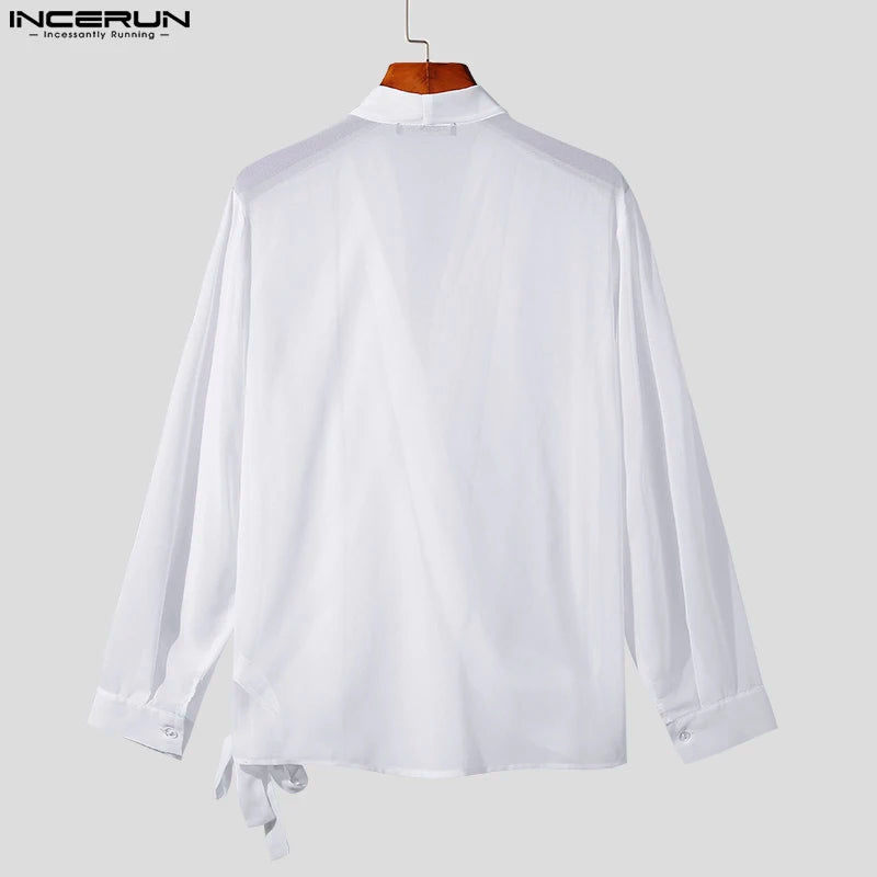 INCERUN Tops 2023 Style coréen Nouveaux hommes Pile Up Collar Tie Up Blouse Mode Solide All-match Mousseline de soie Chemises à manches longues S-5XL