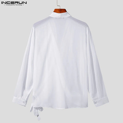 INCERUN Tops 2023 Style coréen Nouveaux hommes Pile Up Collar Tie Up Blouse Mode Solide All-match Mousseline de soie Chemises à manches longues S-5XL