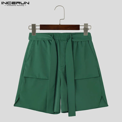 INCERUN 2024 Korean Style Shorts New Mens Ribbon Design Straight Leg Shorts Casual Well Fitting Male Wide Leg Cargo Shorts S-5XL