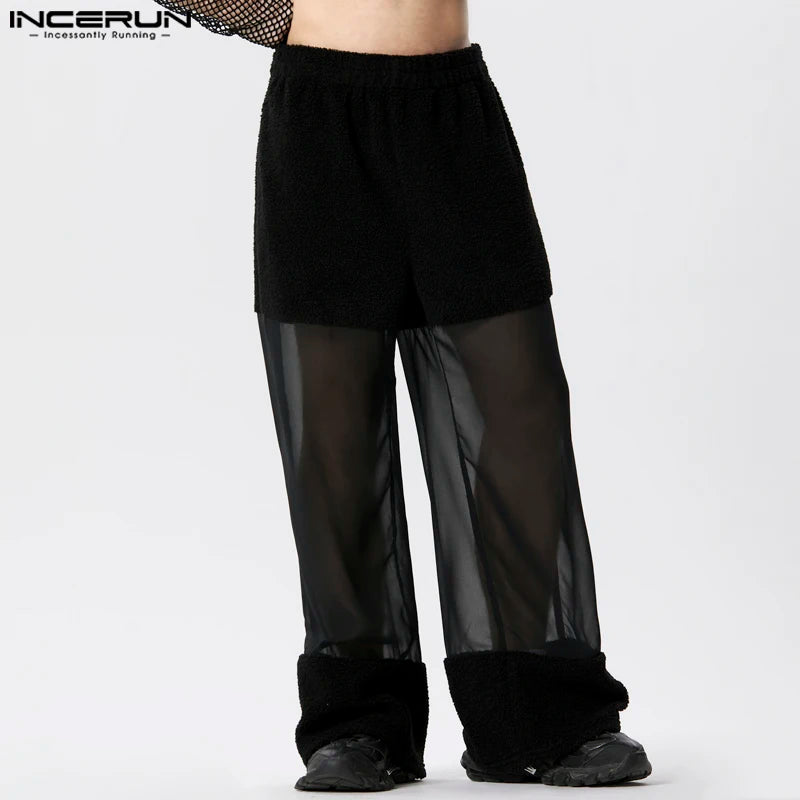 INCERUN 2024 American Style Trousers Men's Solid Mesh Splicing Suede Design Long Pants Sexy Stylish See-through Pantalons S-5XL