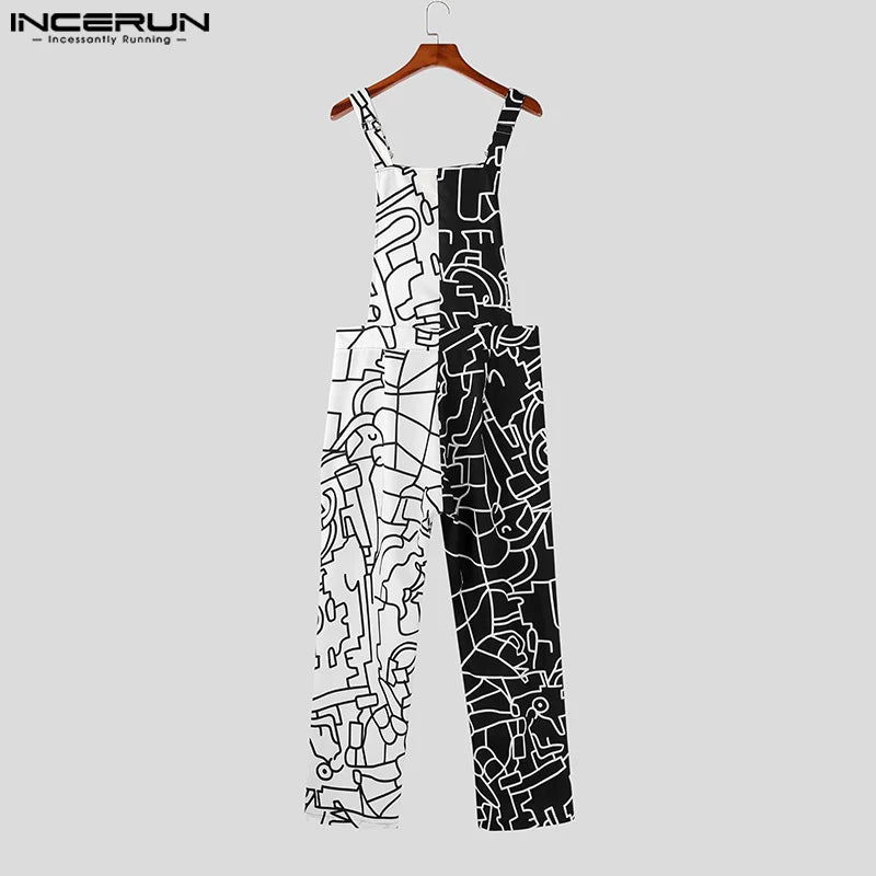 INCERUN 2023 American Style Men Bodysuit Black&White Contrast Color Graffiti Hollow Jumpsuits Casual Sexy Hot Sale Rompers S-5XL