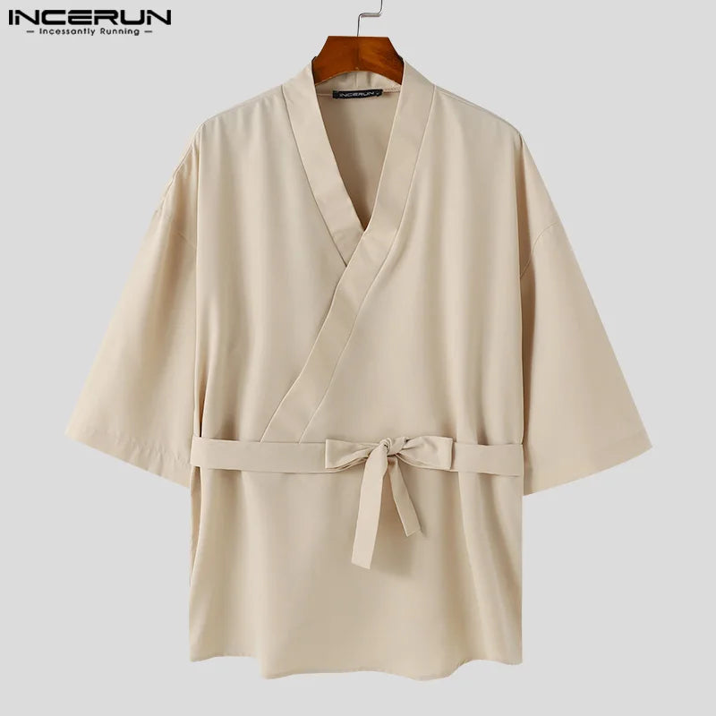 INCERUN Tops 2024 Korean Style Men Diagonal Front V-neck Tie Design Shirts Casual Simple Male Long Sleeved Cardigan Blouse S-5XL