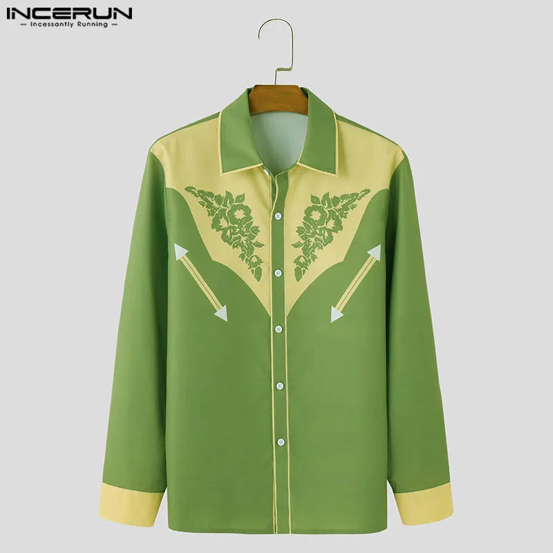 INCERUN Tops 2024 Fashion Men's Patchwork Color Contrast Printed Shirts Casual Personality Male Lapel Long Sleeved Blouse S-5XL