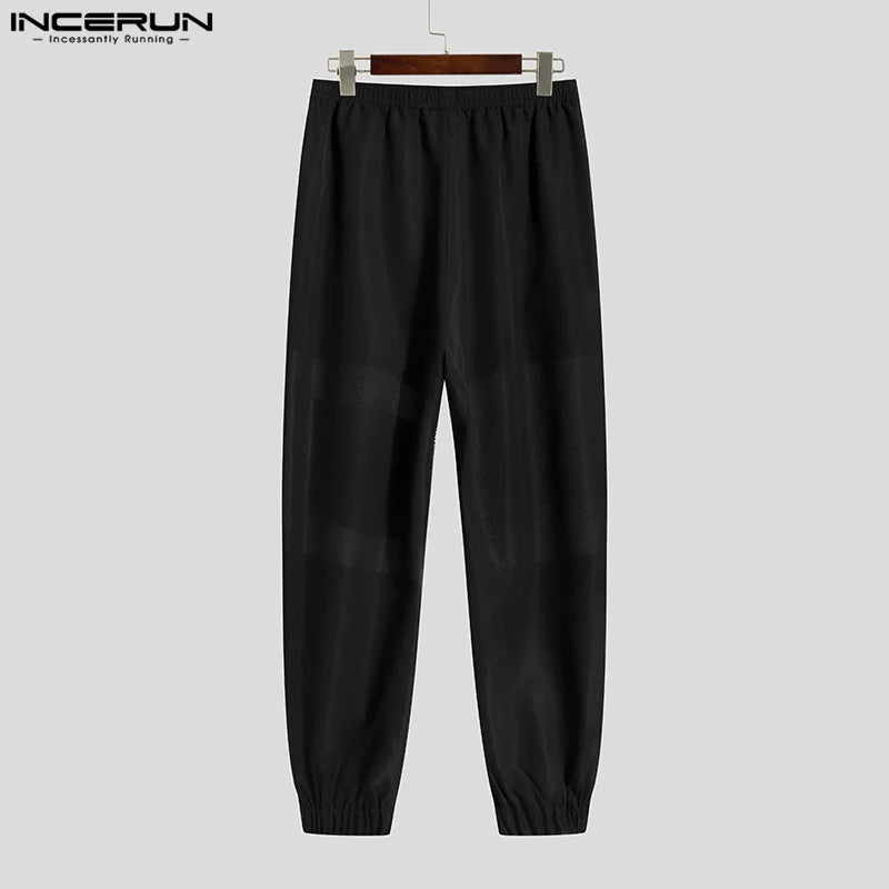 Fashion Well Fitting Long Pants INCERUN Men Chain Design Pantalons Male See-through Mesh Stitching Elastic Waist Trousers S-5XL