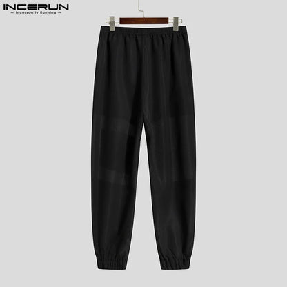 Fashion Well Fitting Long Pants INCERUN Men Chain Design Pantalons Male See-through Mesh Stitching Elastic Waist Trousers S-5XL