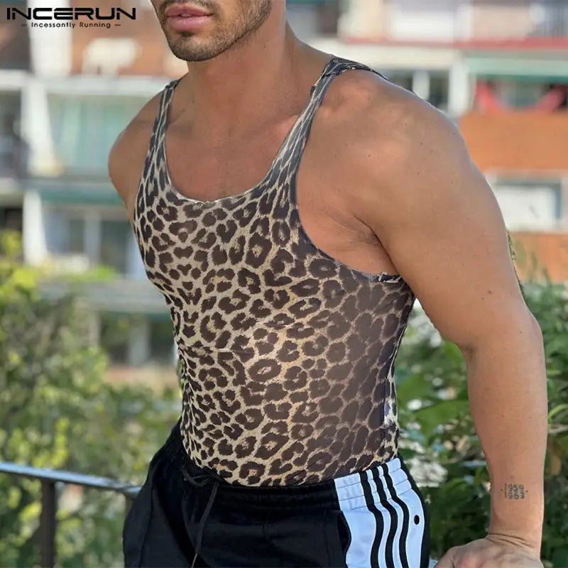 INCERUN Tops 2024 Style américain Sexy Hommes Légèrement Transparent Léopard Imprimé Gilets Décontracté Personnalité U-cou Débardeurs S-5XL