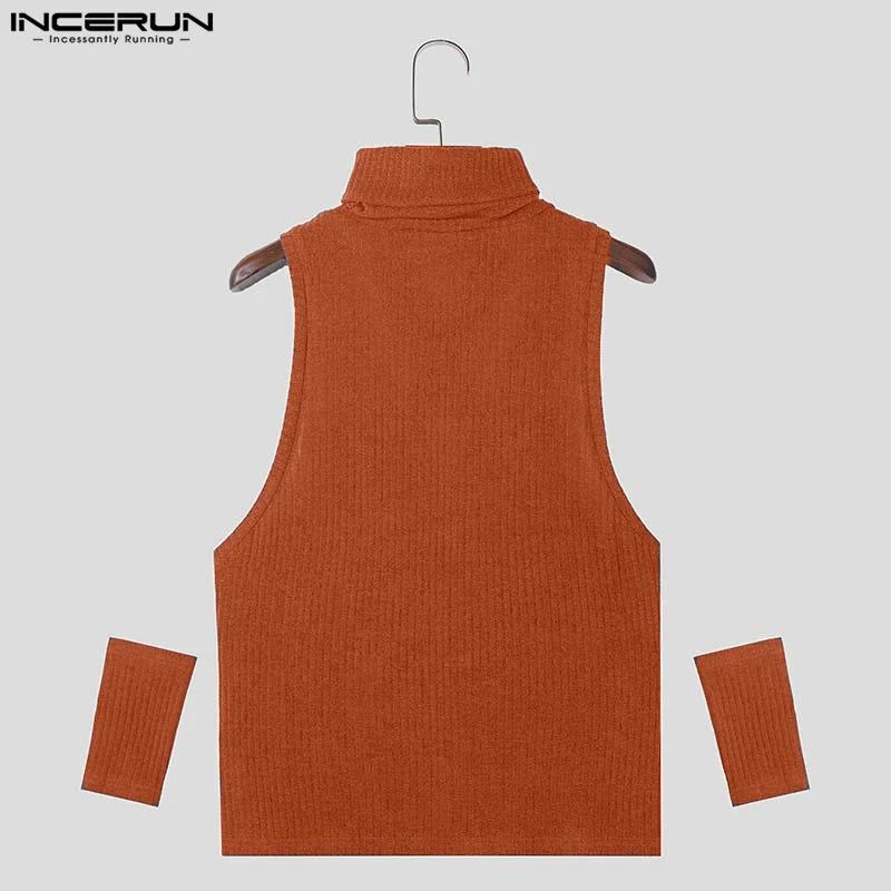 INCERUN Männer Tank Tops Einfarbig Rollkragen Ärmelloses Aushöhlen Casual Westen Streetwear 2024 Gestrickte Mode Männer Kleidung