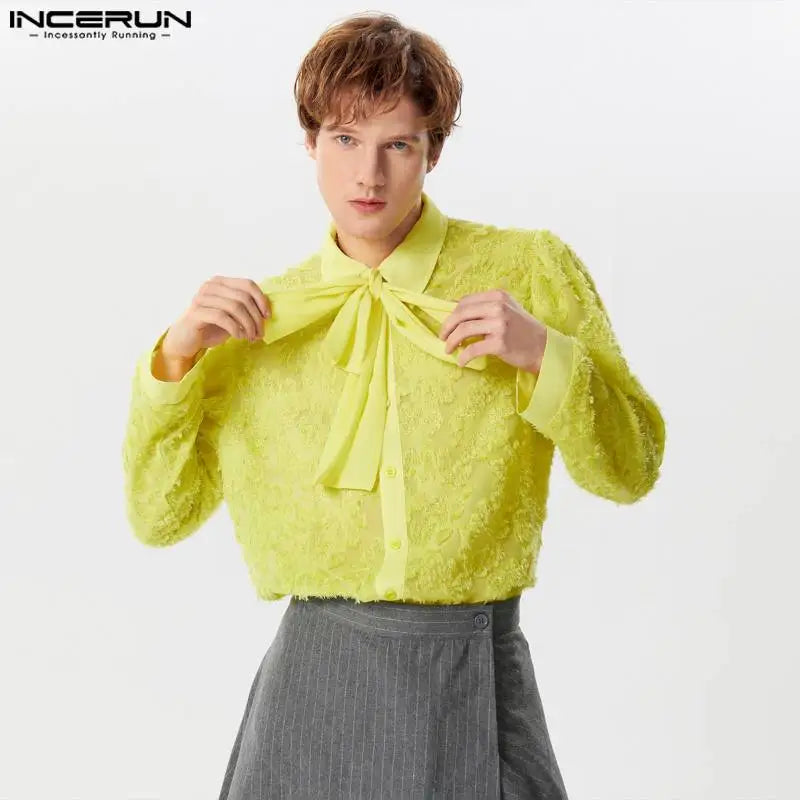 INCERUN Tops 2024 Fashion Men Ribbon Jacquard Feather Shirts Handsome Male Personality Plush Patchwork Long Sleeved Blouse S-5XL