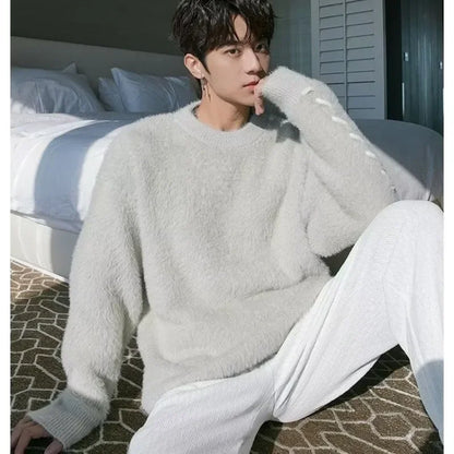 HOUZHOU Fleece Sweaters Men Korean Thicken Warm Knitting Autumn Winter Loose Casual Mohair Long Sleeve Pullovers Streetwear