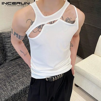 INCERUN 2023 Männer Tank Tops Ärmellose Aushöhlen Sexy Stilvolle Solide Westen Dünne Dünne Tops Streetwear Sommer Männer Kleidung 5XL 7