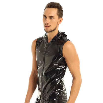 S-7XL Plus Size Mens Shiny PVC Leather Hoodies Shirts Sleeveless Wetlook Latex Tank Tops Hooded Leather Vest T-shirt Full Zipper