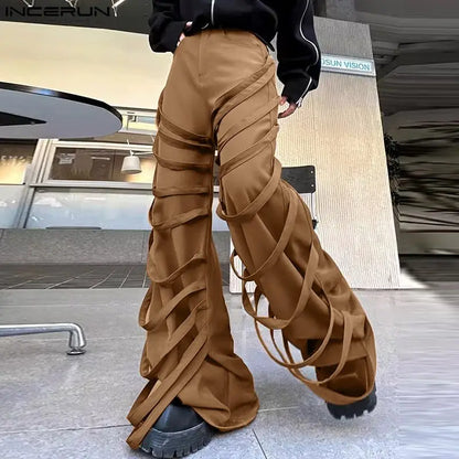 INCERUN 2024 Koreanische Stil Hosen Mode Herren Persönlichkeit Krawatte Gürtel Dekorative Hosen Casual Straße Gerade Bein Pantalons S-5XL