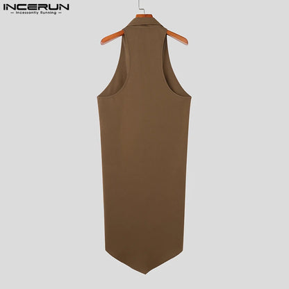 INCERUN Tops 2023 Gilets de conception d'ourlet irrégulier de style américain pour hommes Gilets de costume sans manches solides et longs décontractés S-5XL