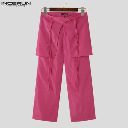 INCERUN 2024 American Style Trousers Fashion Men Layered Fake Two-piece Design Long Pants Casual Solid All-match Pantalons S-5XL