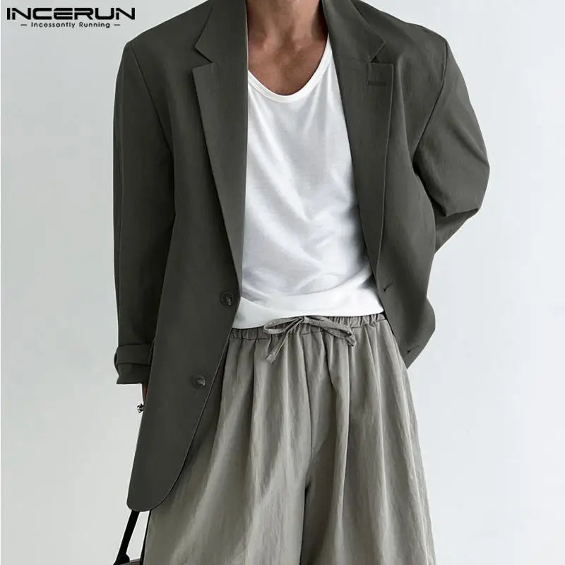 INCERUN 2024 Men Blazer Solid Color Lapel Long Sleeve Streetwear Fashion Button Casual Suits Men Elegant Leisure Thin Coats 5XL