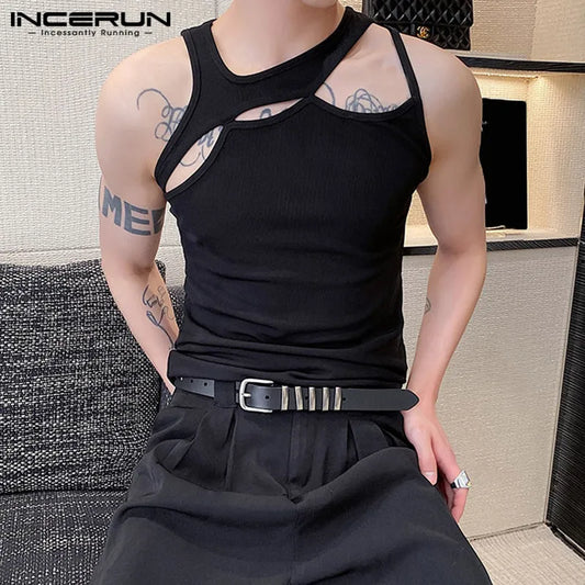 INCERUN 2023 Men Tank Tops Sleeveless Hollow Out Sexy Stylish Solid Vests Skinny Thin Tops Streetwear Summer Men Clothing 5XL 7