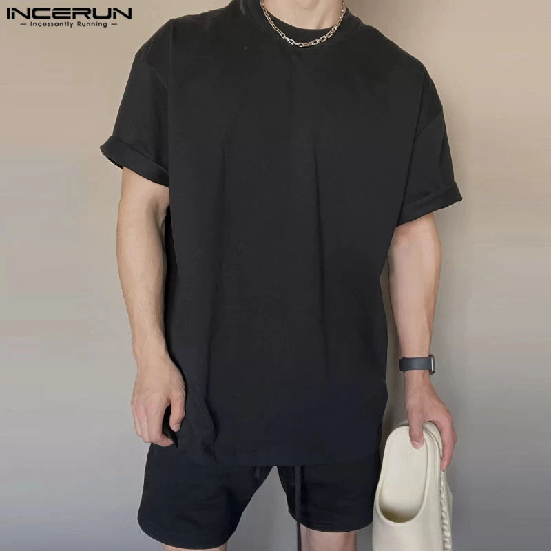 INCERUN 2024 Korean Style Sets Stylish New Men Solid O-neck Short Sleeved Tops Shorts Casual Streetwear Male Suit 2 Pieces S-5XL