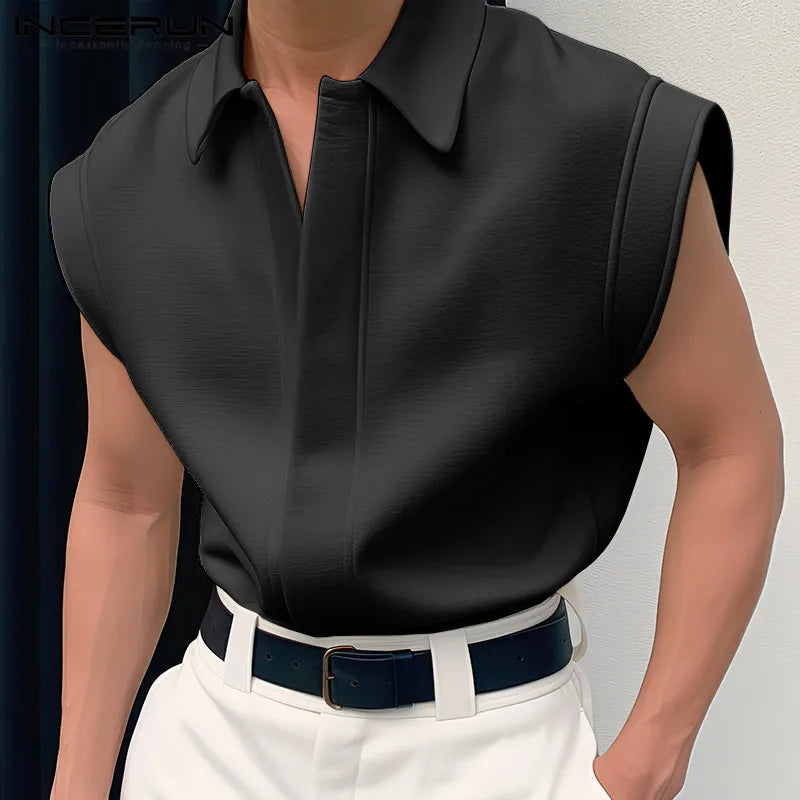 INCERUN Tops 2024 Korean Style New Men Simple All-match Shirts Stylish Streetwear Male Solid Color Lapel Sleeveless Blouse S-5XL