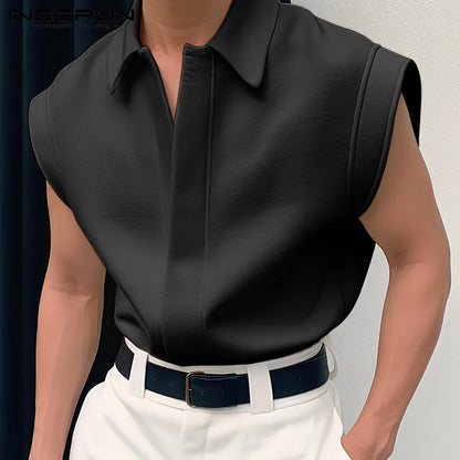 INCERUN Tops 2024 Korean Style New Men Simple All-match Shirts Stylish Streetwear Male Solid Color Lapel Sleeveless Blouse S-5XL