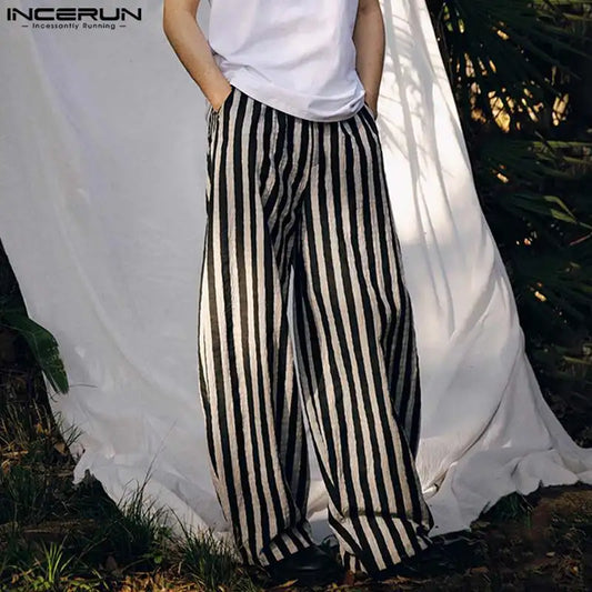 INCERUN 2024 Korean Style Trousers Men's Fashion Casual Striped Long Pants Summer Male Streetwear Hot Sale Loose Pantalons S-5XL